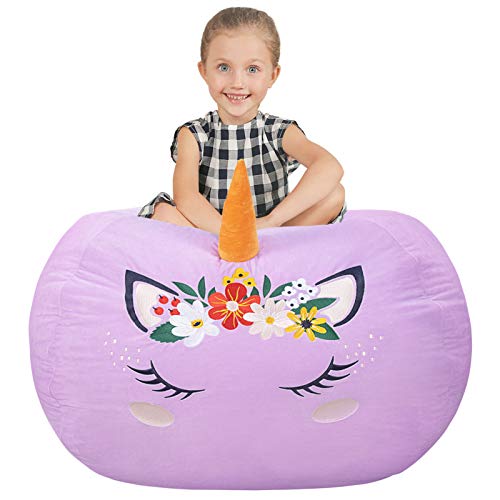 Aubliss Stuffed Animal Storage - Empty Storage Bean Bag - Velvet Cover Only - Large Unicorn Stuff and Sit for Kids Toy Storage (X-Large, Purple)