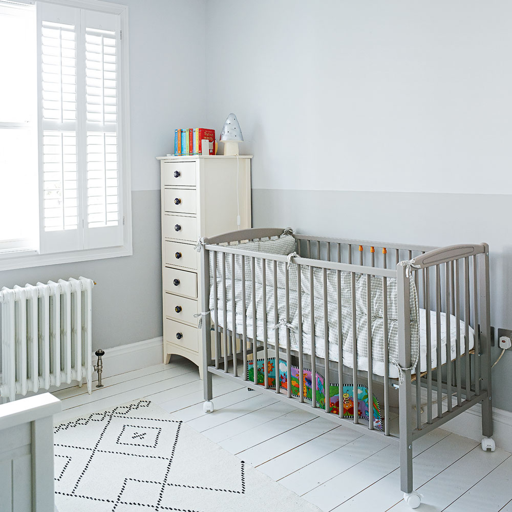 grey nursery with two tone walls