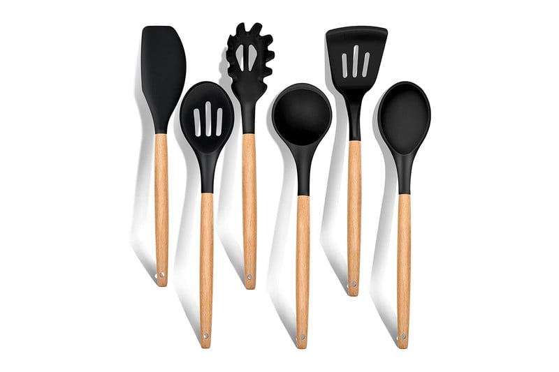 Silicone kitchen utensils with wooden handles.
