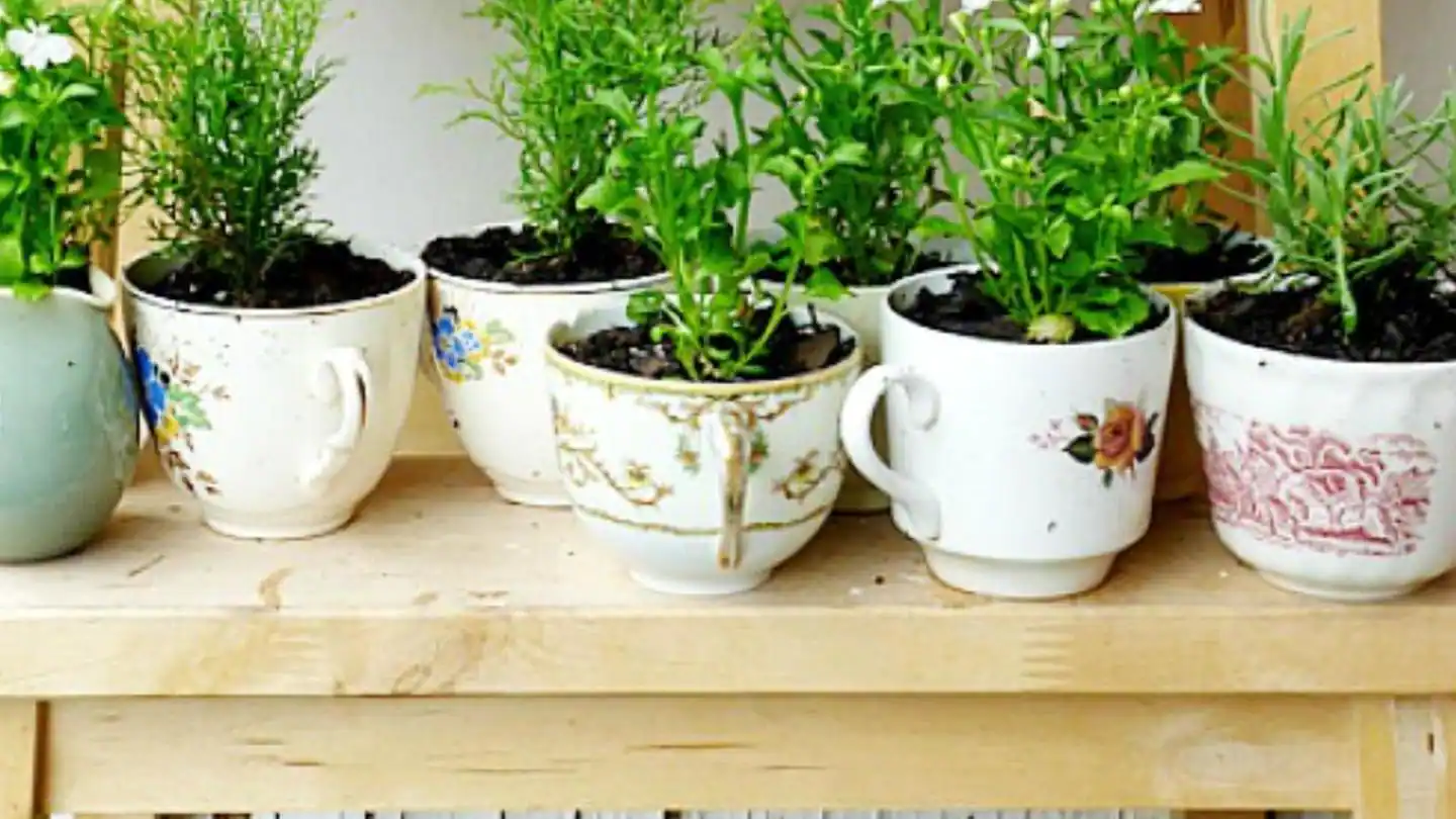 Tea cups, saucers, teapot could be your new garden utilities
